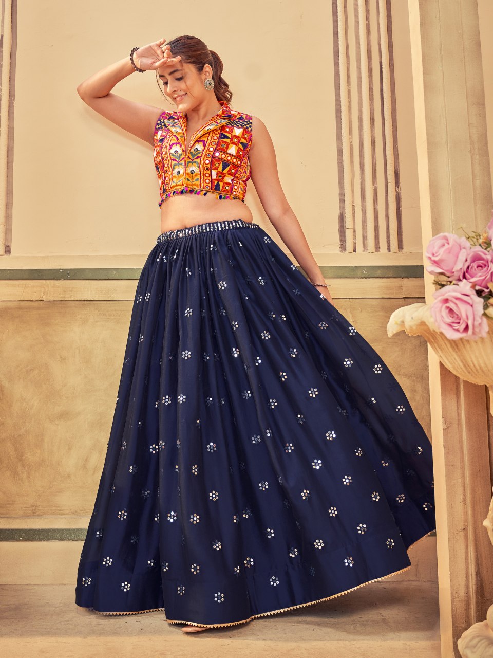 Navratri Special Blue Rangoli Silk Chaniya Choli with Embroidered Lehenga