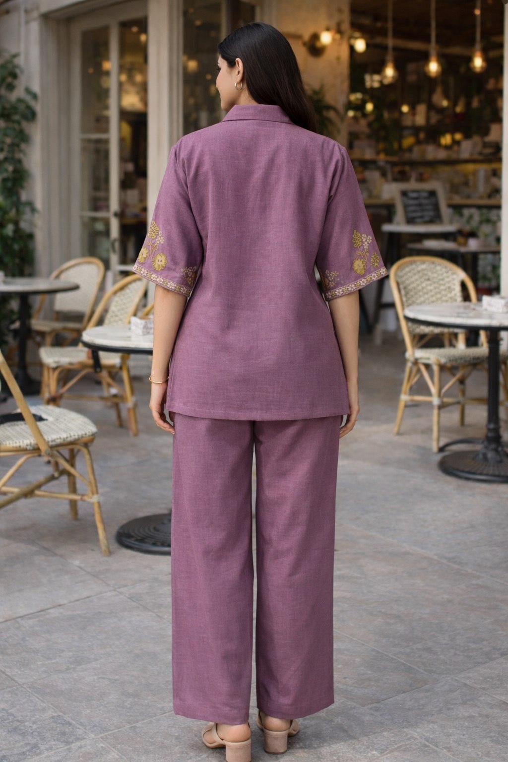 Women's Cotton Embroidered Co-Ord Set with Shirt Collar Top and Pant - Fully Stitched