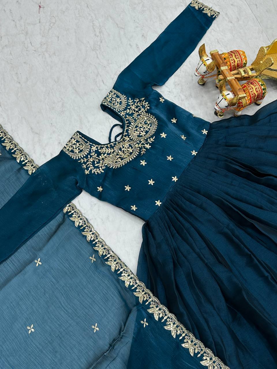 New Festival Collection Burberry Silk Long Gown with Heavy Sequence Embroidery Dupatta - Fully Stitched