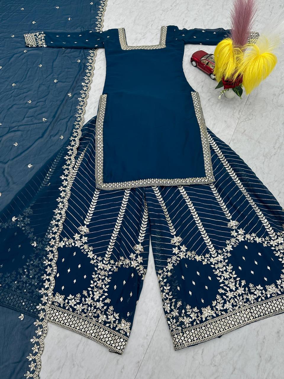 Festival Wear Heavy Embroidered Palazzo Top Set with Dupatta - Fully Stitched