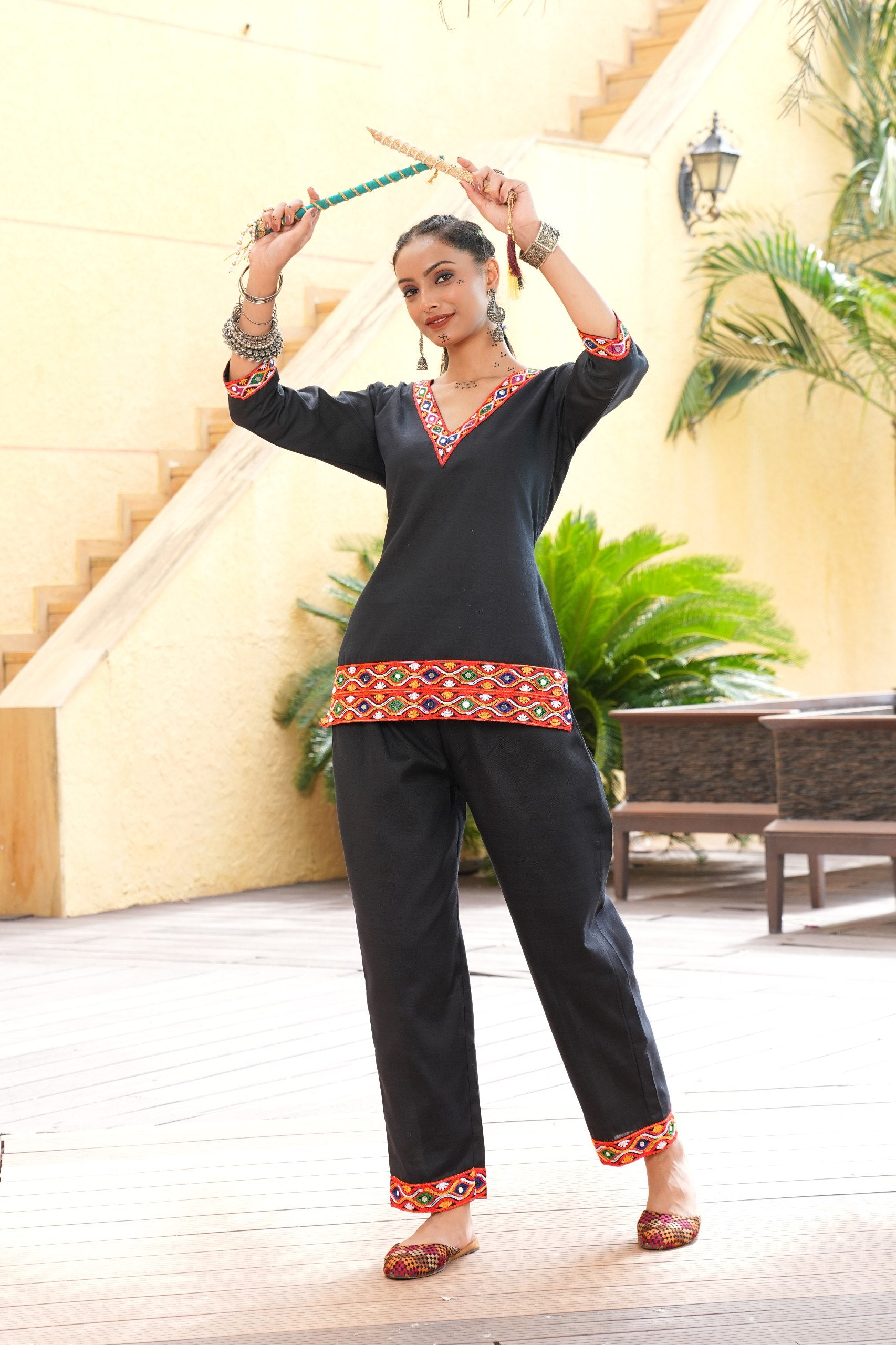 Navratri Special Black Embroidered Kurti Pant Set with Original Mirror Work - Fully Stitched