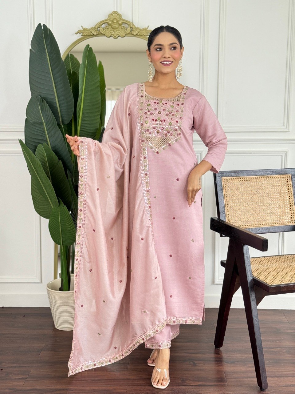 Stylish PV Chanderi Embroidered Kurta Pant Set with Silk Dupatta for Party Wear - Fully Stitched