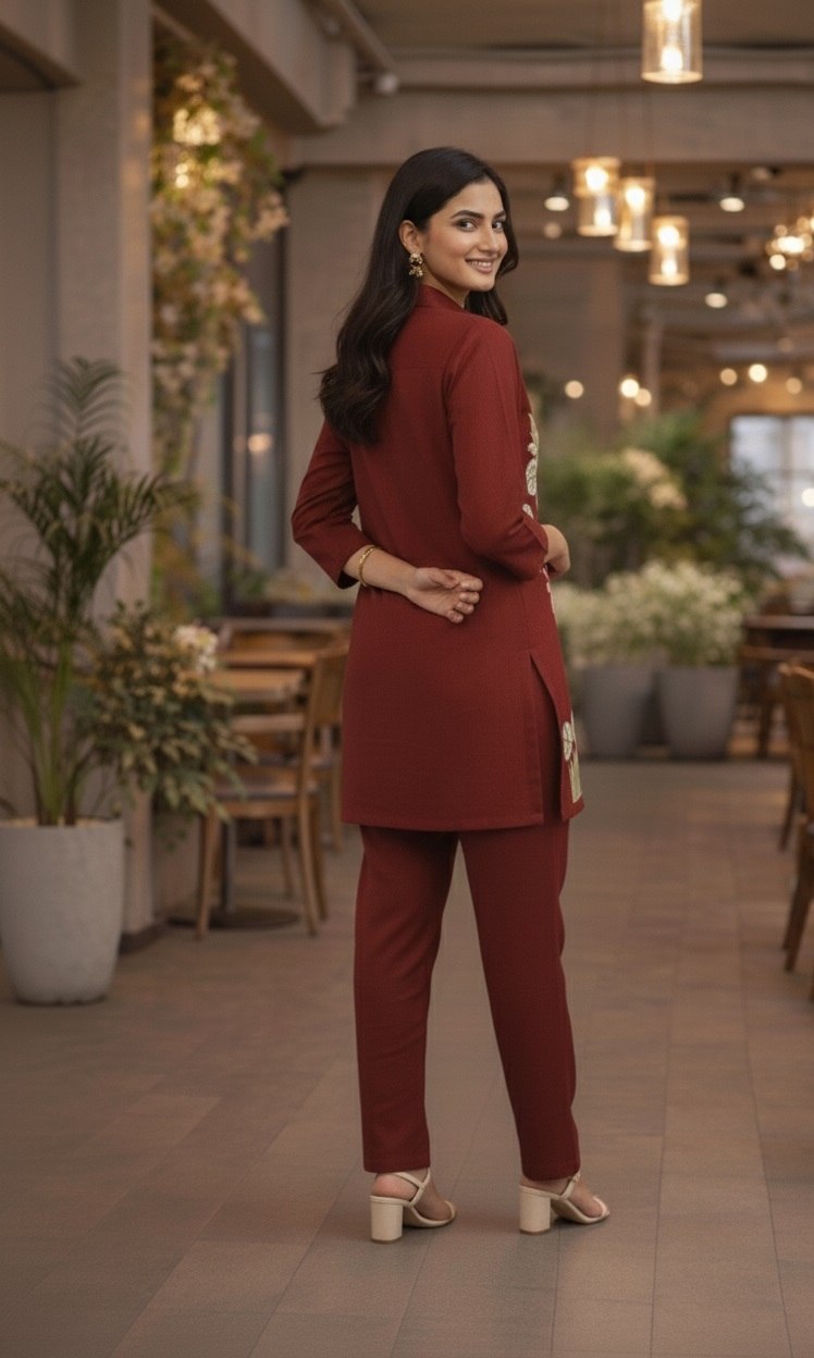 Women's Cotton Embroidered Co-Ord Set with Shirt Collar Top and Pant - Fully Stitched