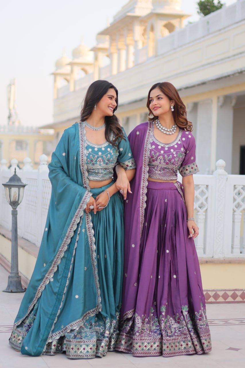 Festival Collection Chinon Lehenga Choli with Heavy Embroidery Sequence Work - Fully Stitched