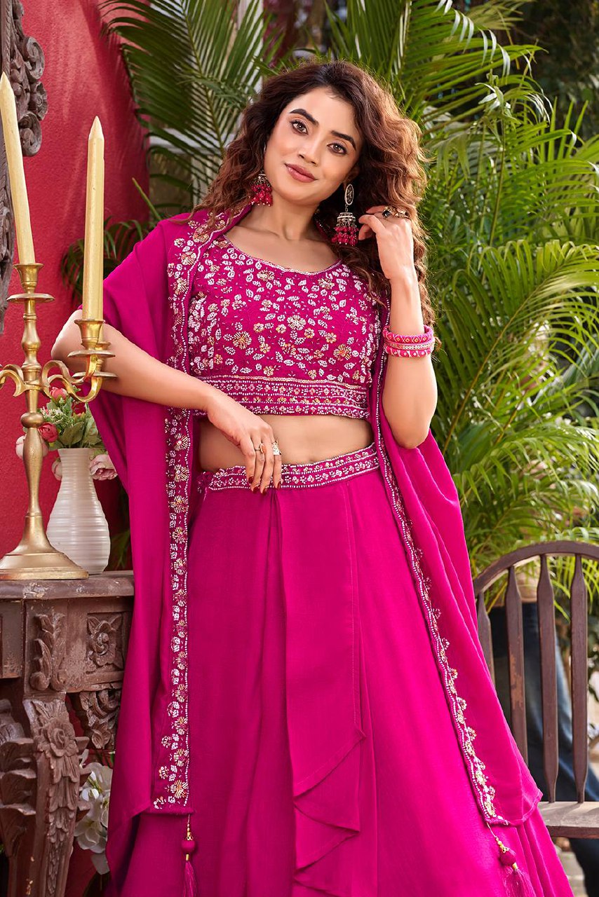 Wedding Special Pure Vichitra Silk Lehenga Choli with Shrug Style Dupatta - Fully Stitched