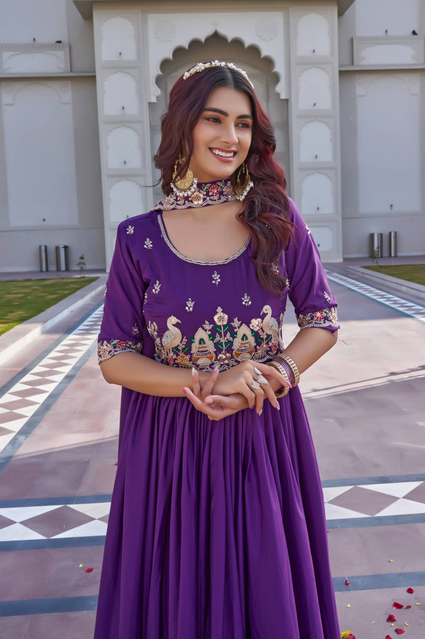 Festival Collection Crepe Silk Long Gown with Heavy Cording Sequence and Beads Embroidery Work - Fully Stitched