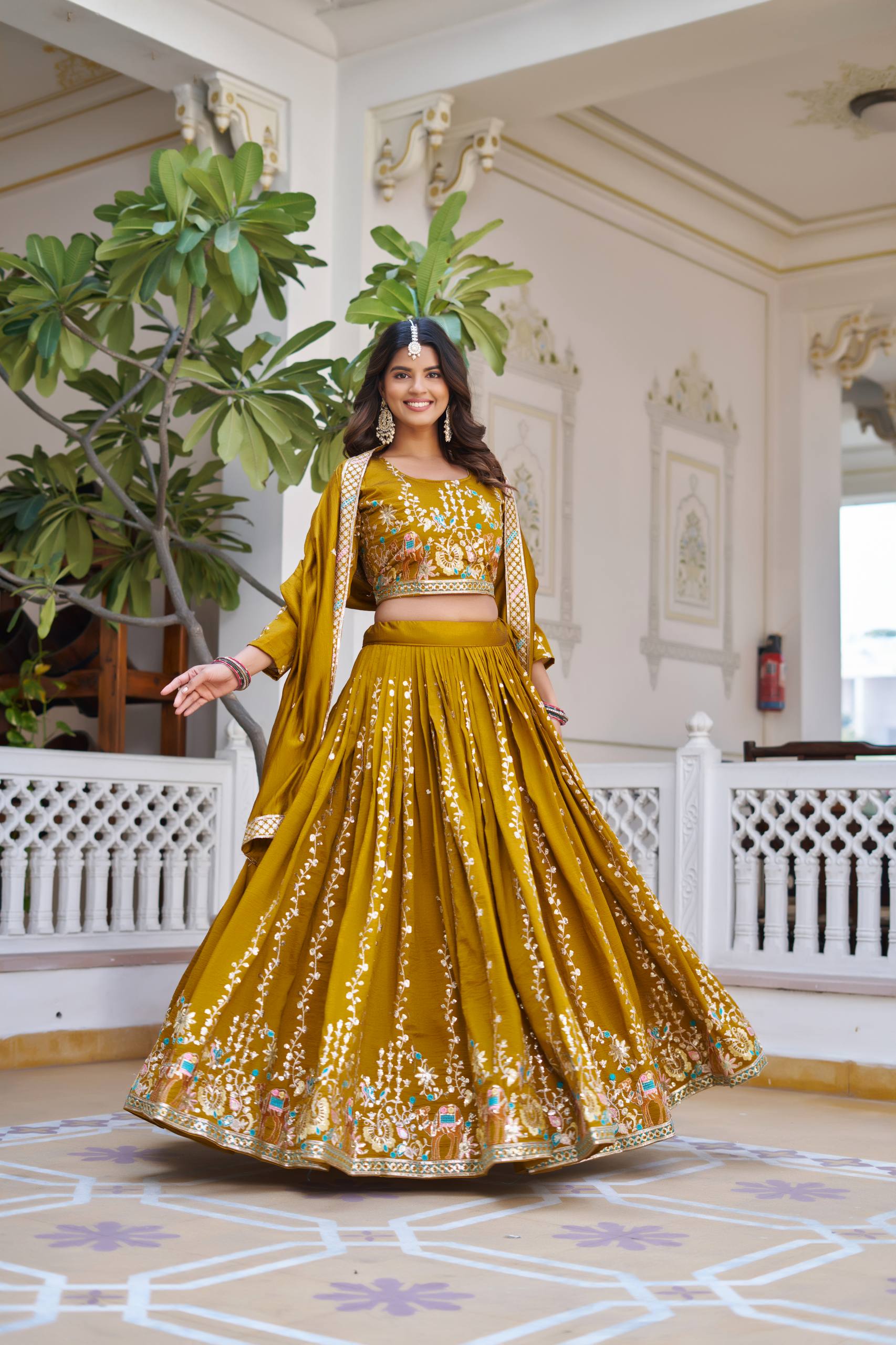 Festival Collection Vichitra Lehenga Choli with Heavy Embroidery Sequence Work - Fully Stitched