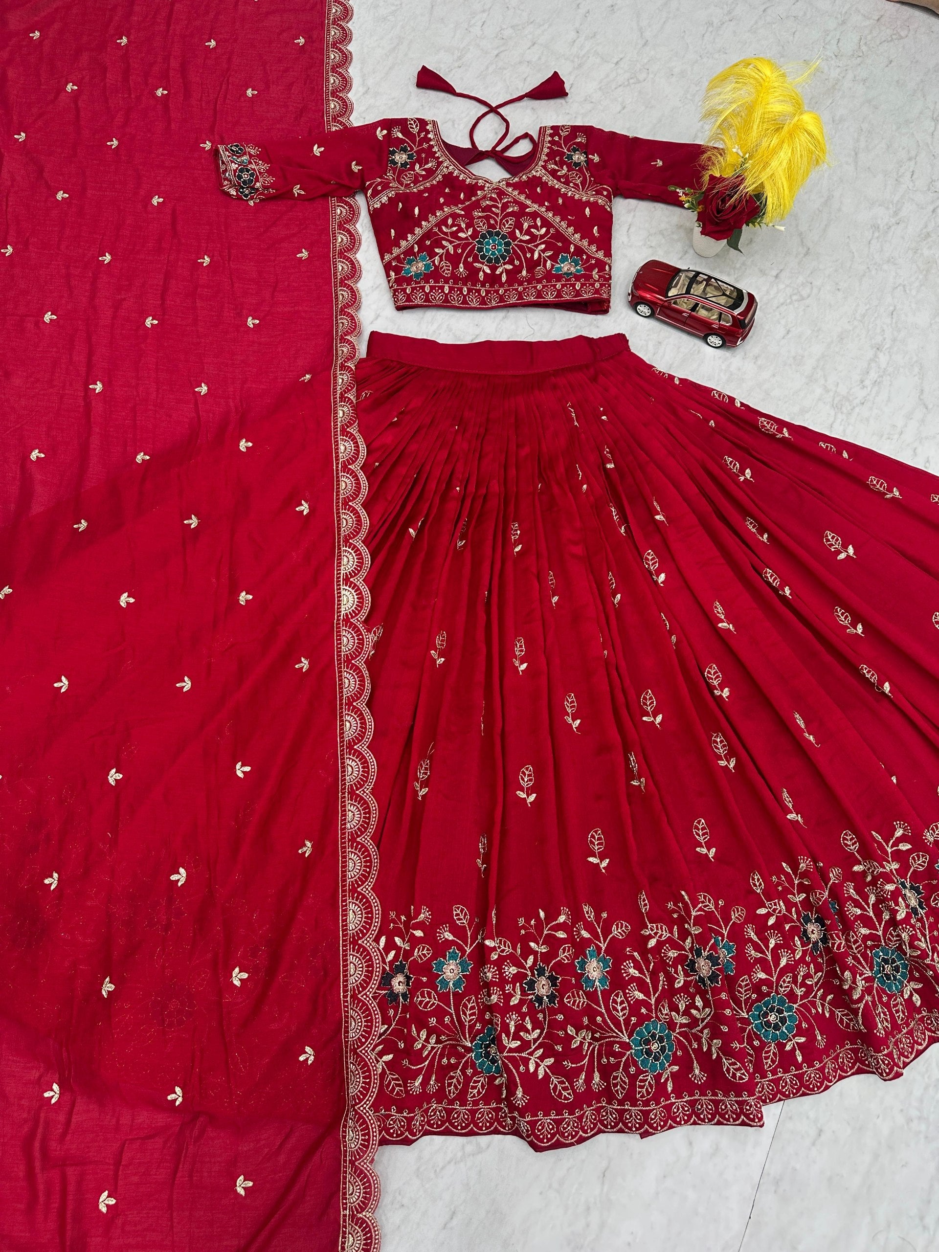 New Festival Pure Blooming Vichitra Silk Lehenga Choli with Heavy Embroidery Work - Fully Stitched