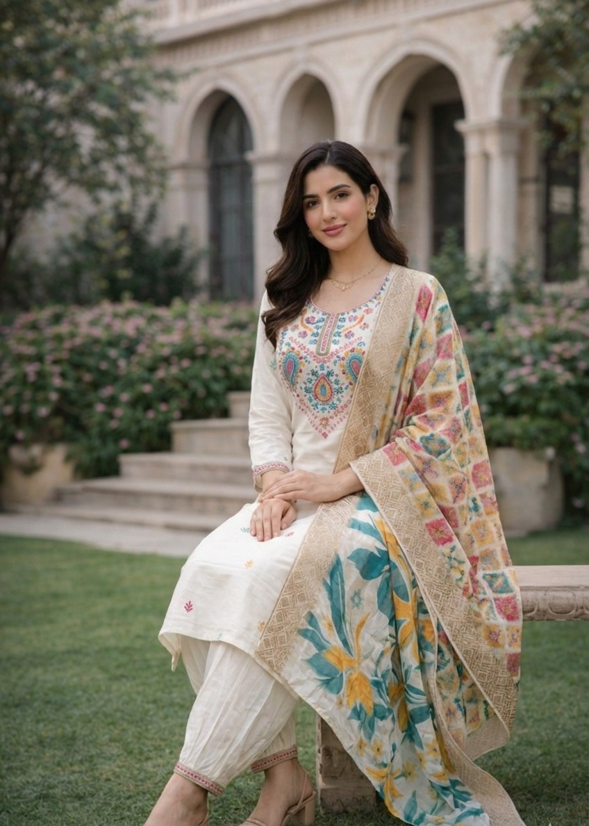 Designer White Embroidered Kurti Pant Set with Digital Print Dupatta - Fully Stitched