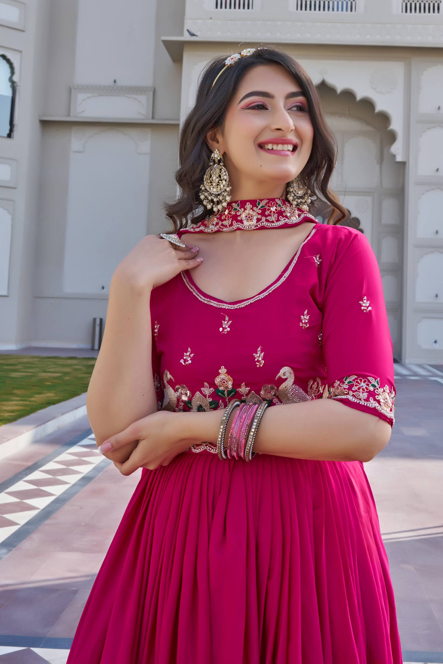 Festival Collection Crepe Silk Long Gown with Heavy Cording Sequence and Beads Embroidery Work - Fully Stitched