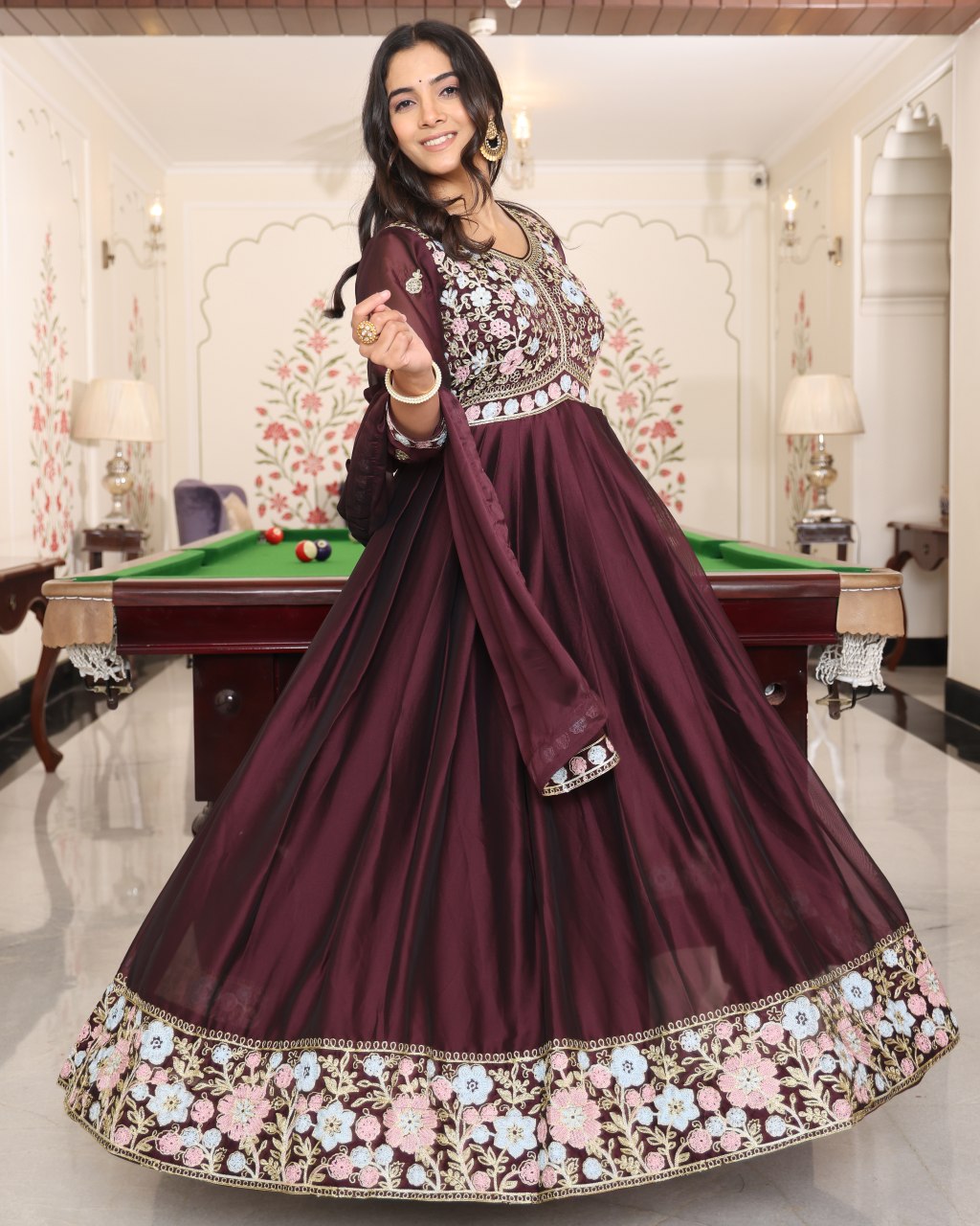 Wedding Wear Coffee Rangoli Silk Anarkali Suit Set with Dupatta