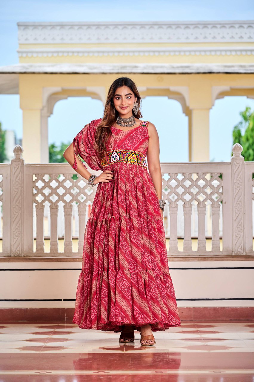 Navratri Special Bandhani Print Faux Georgette Gown with Gamathi Work and Real Mirror - Fully Stitched