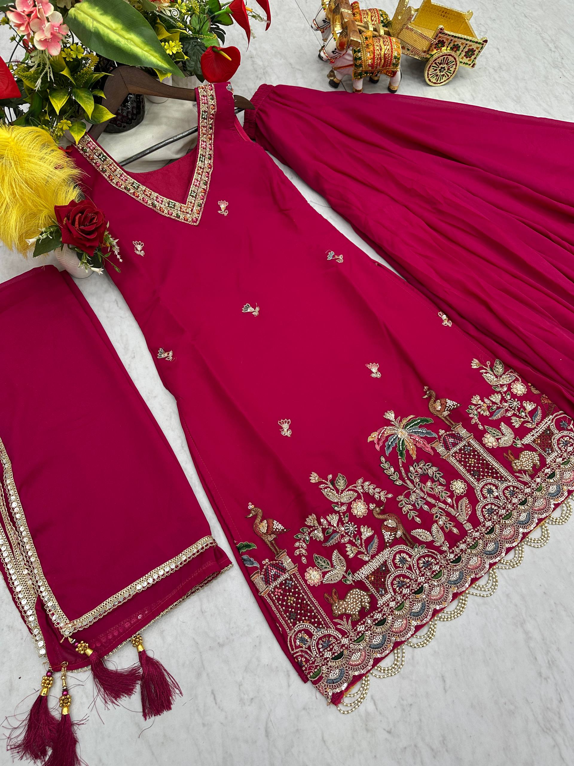 New Haldi Special Designer Kurti Palazzo with Dupatta and Moti Work - Fully Stitched