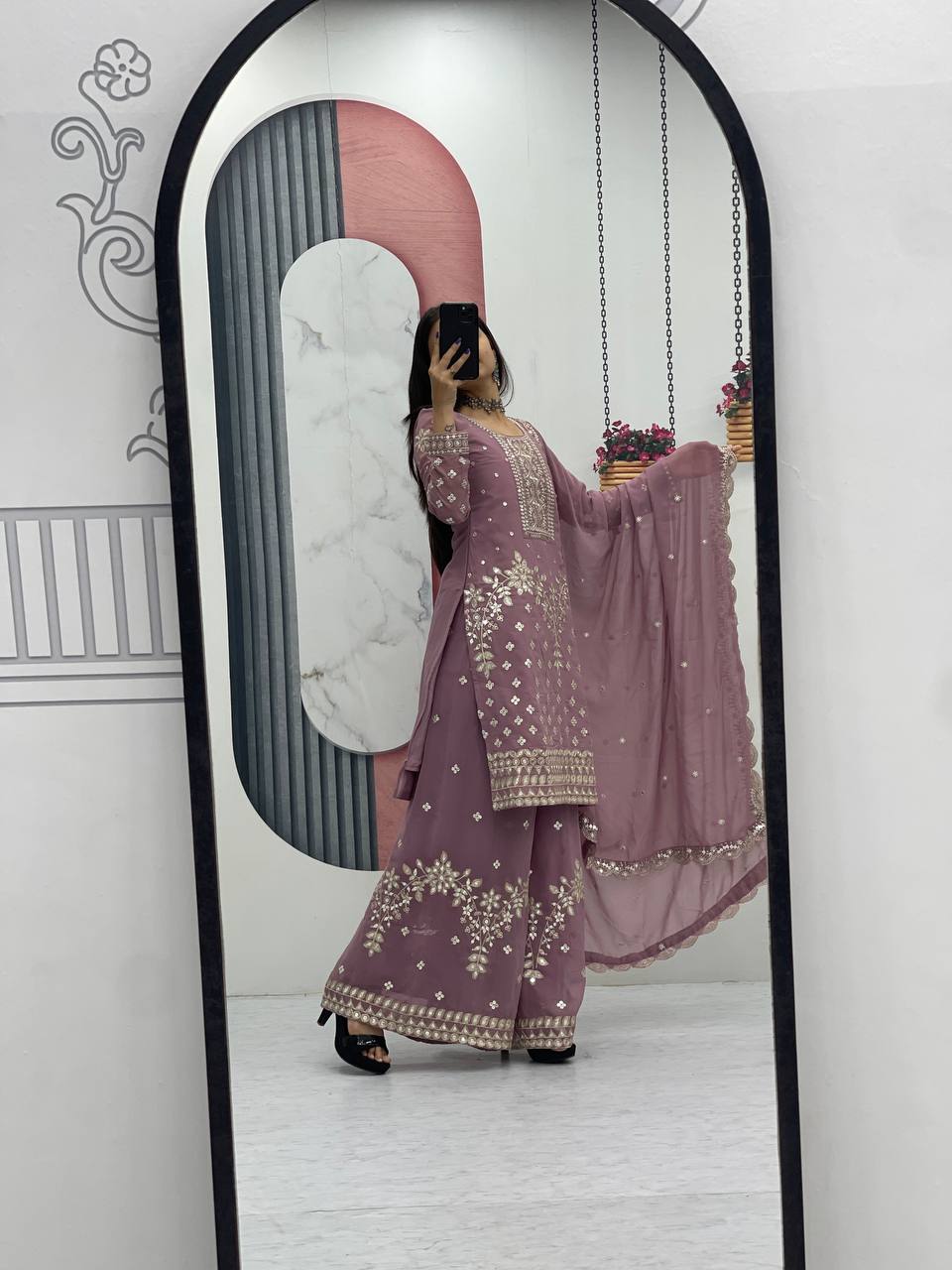 Designer Party Wear Embroidered Palazzo Suit Set with Dupatta - Fully Stitched
