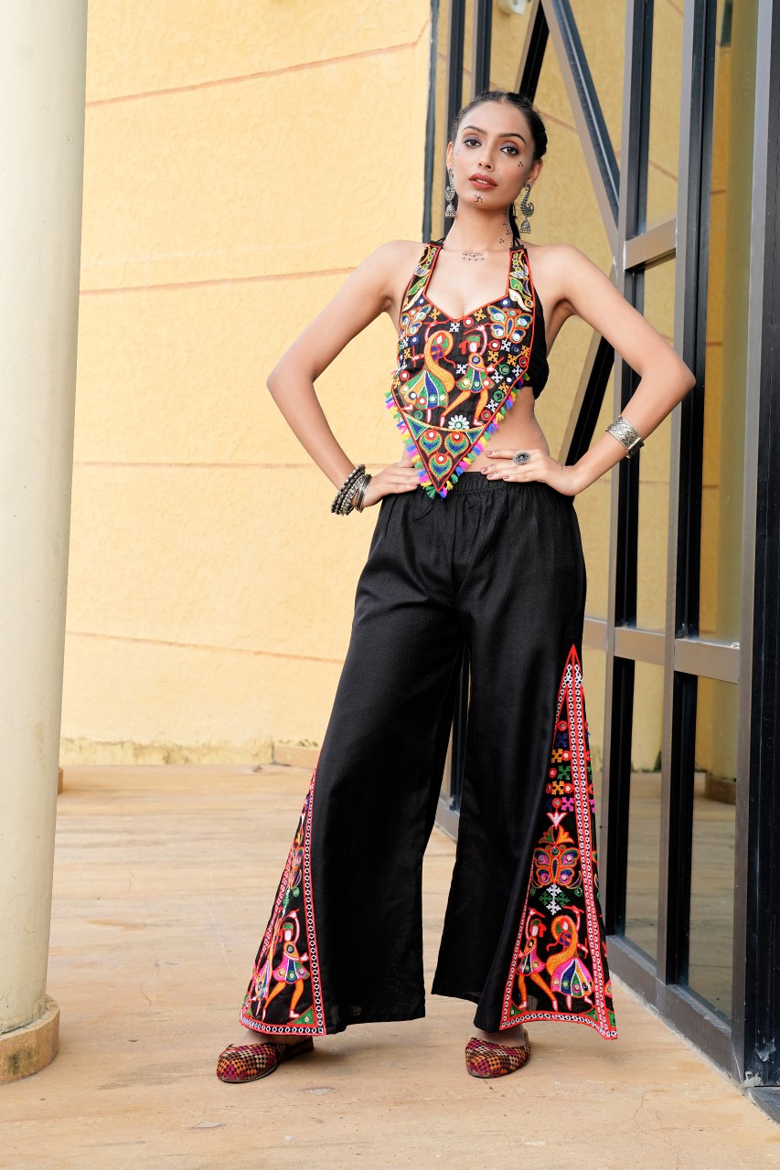 Navratri Special Black Embroidered Kurti Pant Set with Original Mirror Work- Fully Stitched