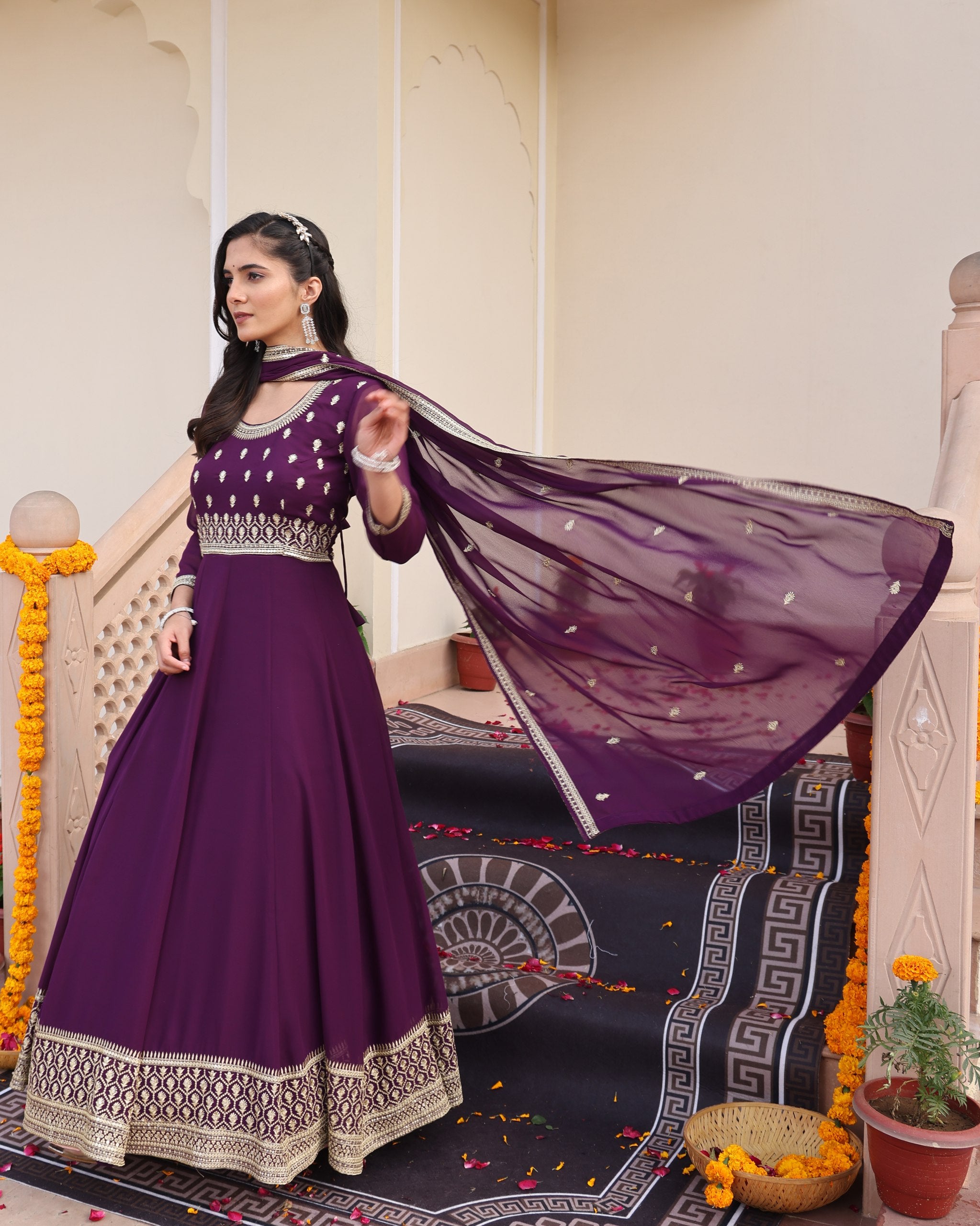 Wedding Wear Purple Georgette Anarkali Suit Set with Dupatta