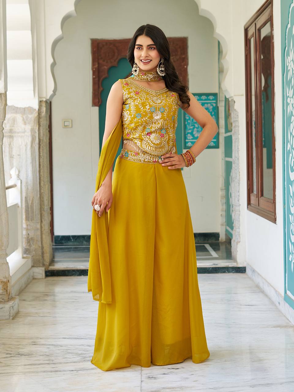 Designer Star Georgette Blouse Palazzo with Cording Sequence Embroidery Dupatta - Fully Stitched