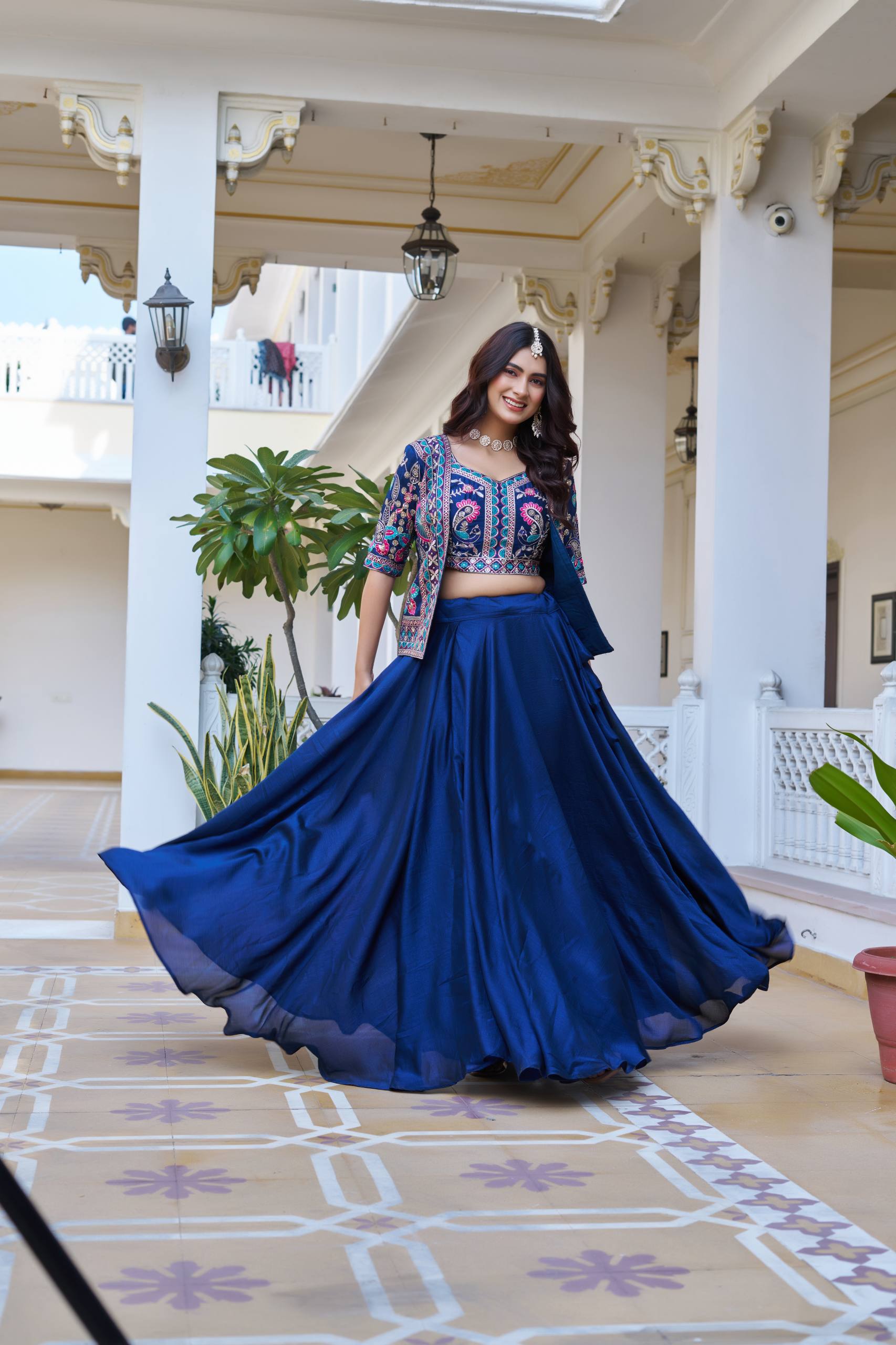 Festival Collection Vichitra Lehenga Choli with Embroidered Koti and 8.50 Meter Flair - Fully Stitched