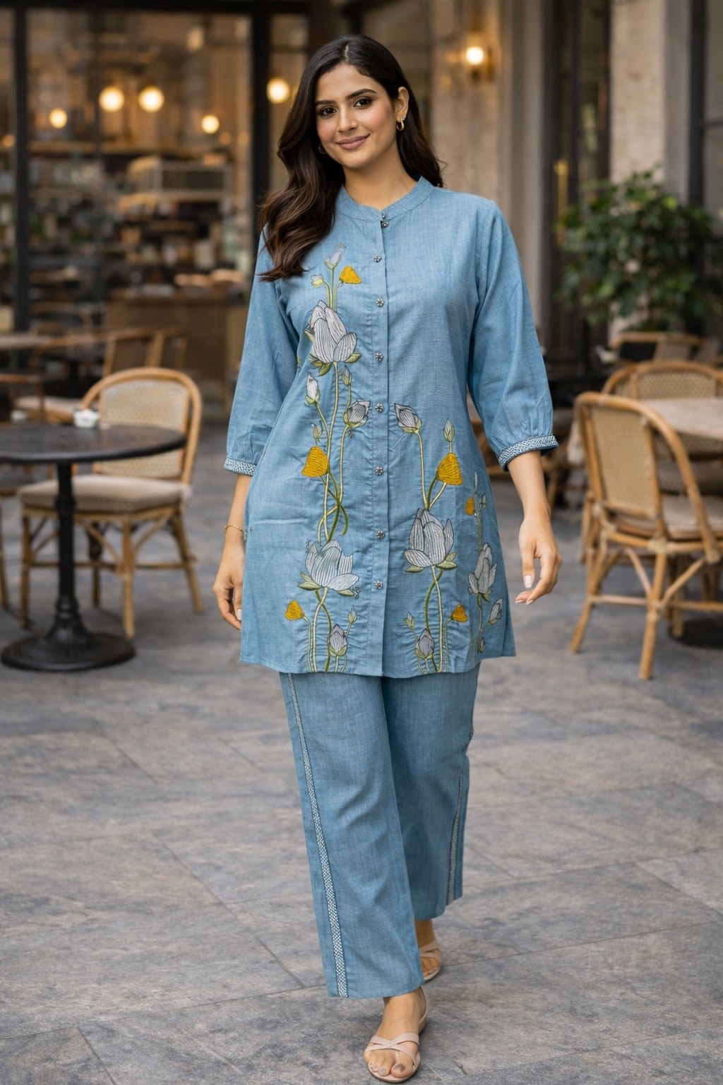 Women's Pure Cotton Embroidered Co-Ord Set with Collar Neck Top and Pant - Fully Stitched