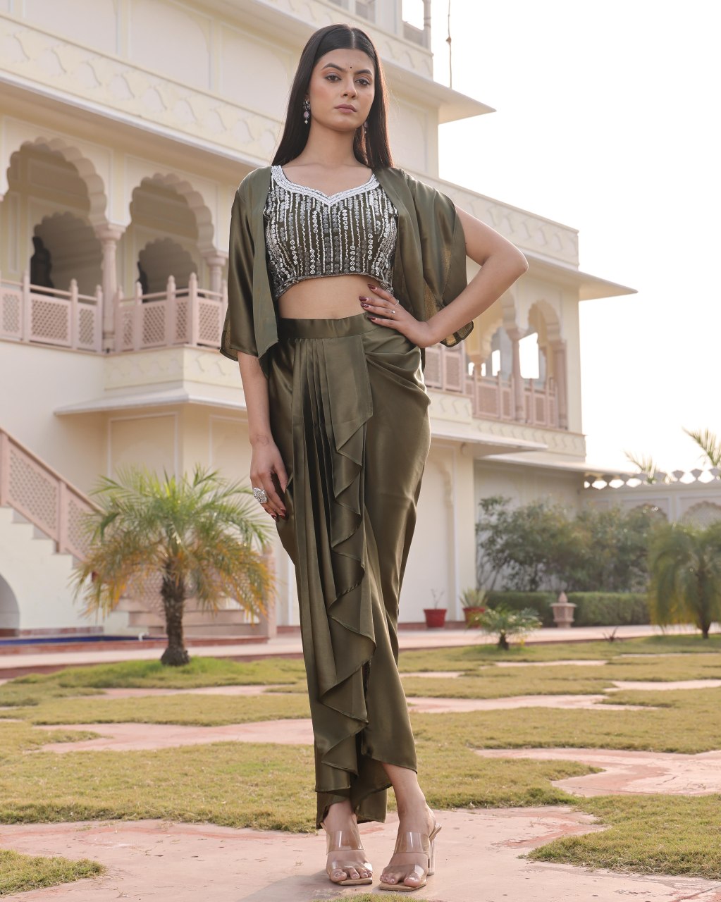 Premium Mehendi Satin Silk Indo-Western Drape Skirt Set with Embroidered Top and Shrug- Fully Stitched