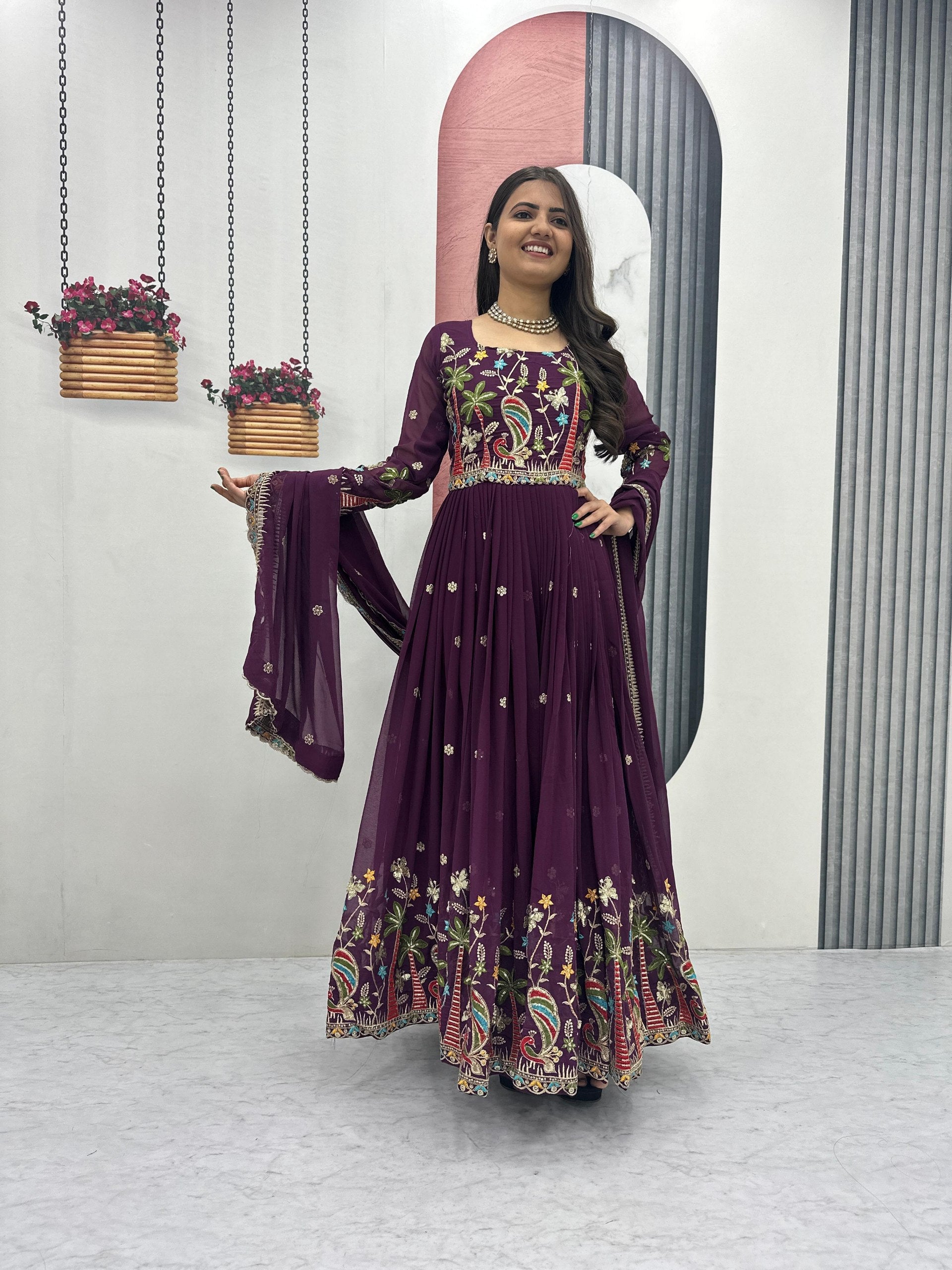 Designer Fox Georgette Embroidered Gown with Dupatta -  Fully Stitched