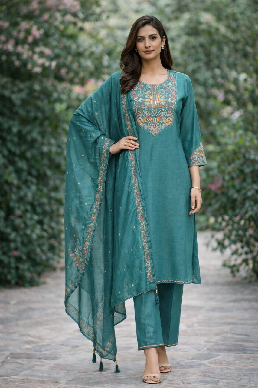 Designer Cotton Silk Embroidered Kurti Pant Set with Dupatta - Fully Stitched