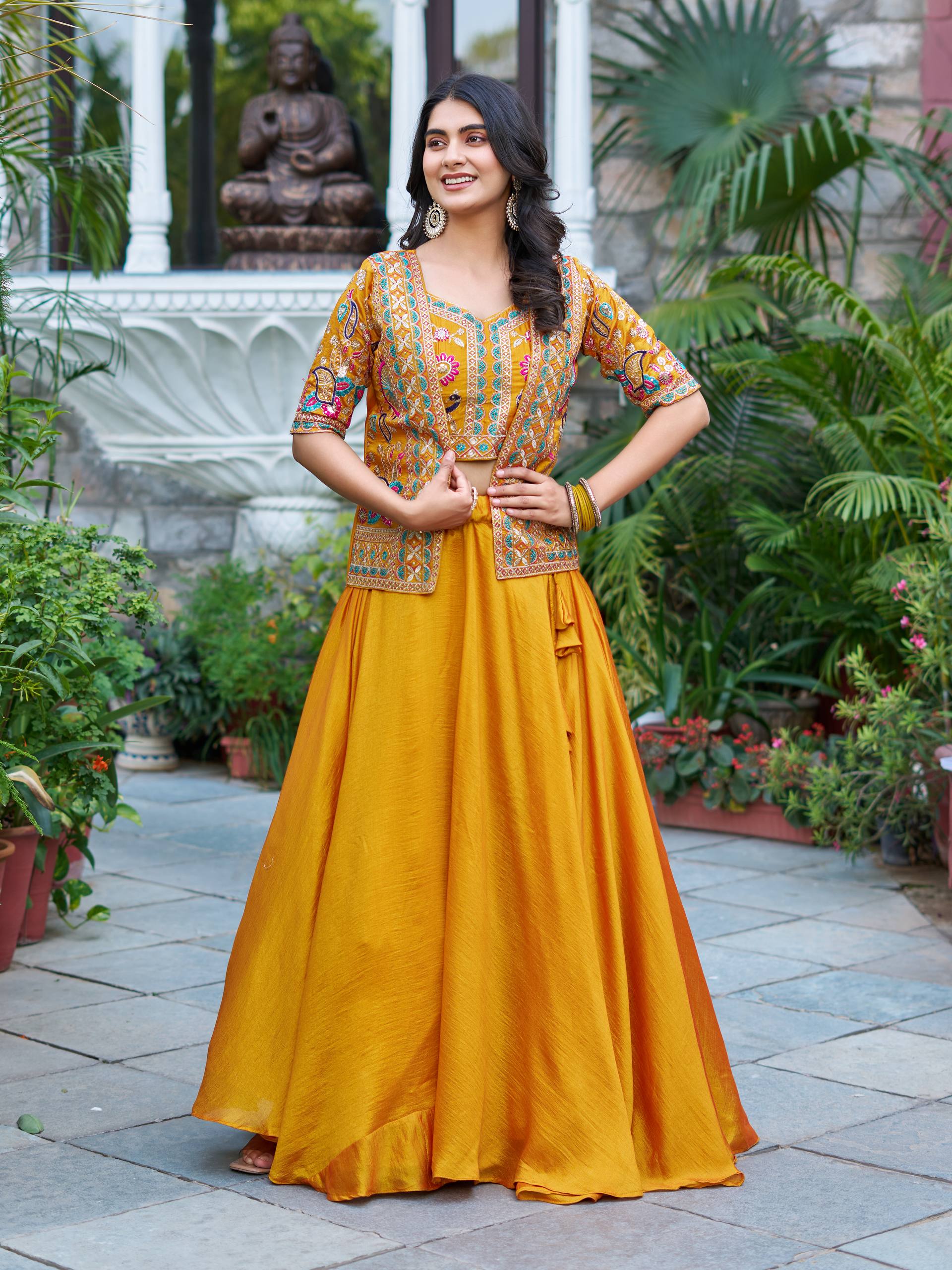 New Festival Collection Vichitra Lehenga Choli with Embroidered Koti and 8.50 Meter Flair - Fully Stitched