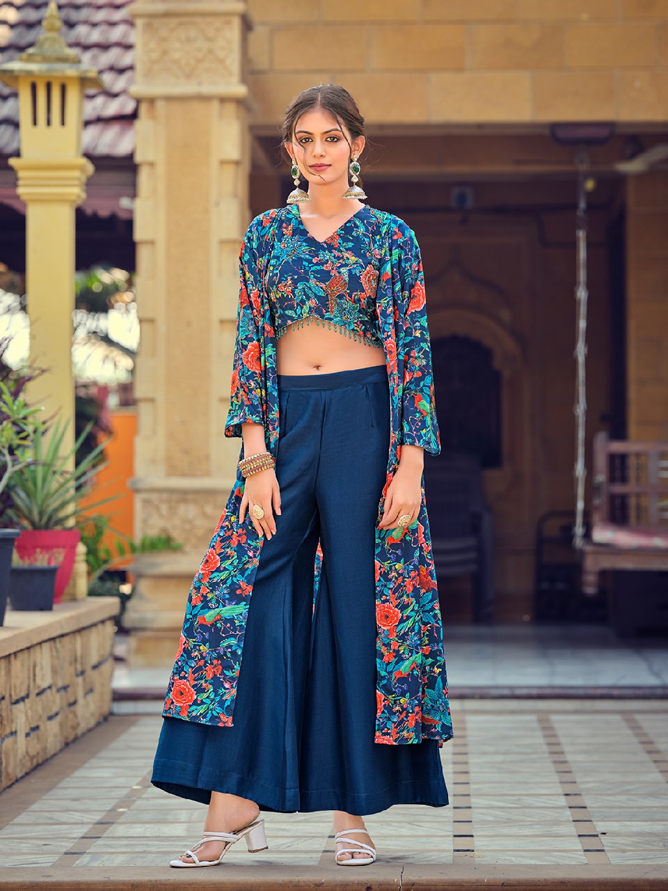 Premium Teal Silk Indo-Western Co-Ord Set with Embroidered Top and Printed Shrug - Fully Stitched