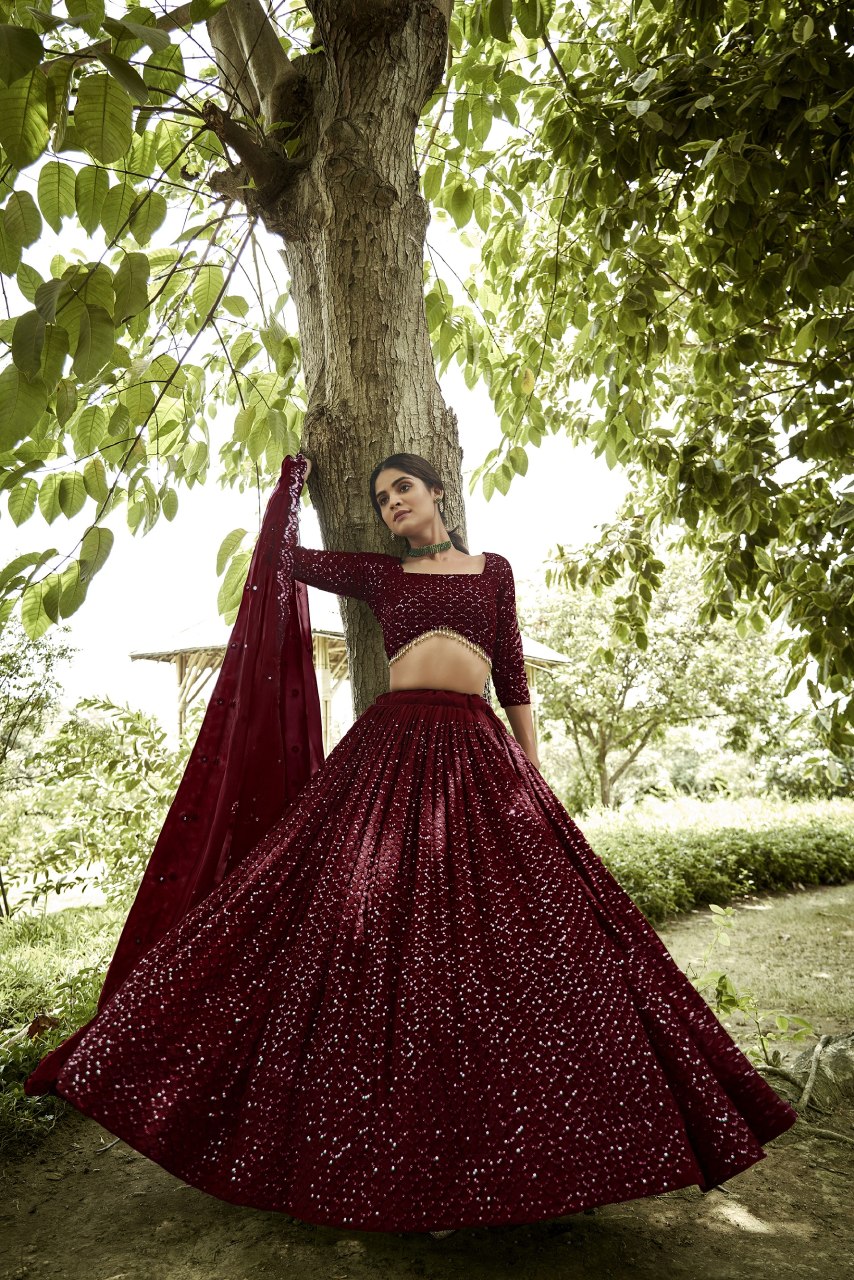 Maroon Sequin Embroidered Semi-Stitched Wedding & Festive Wear Georgette Lehenga Choli with Border Work