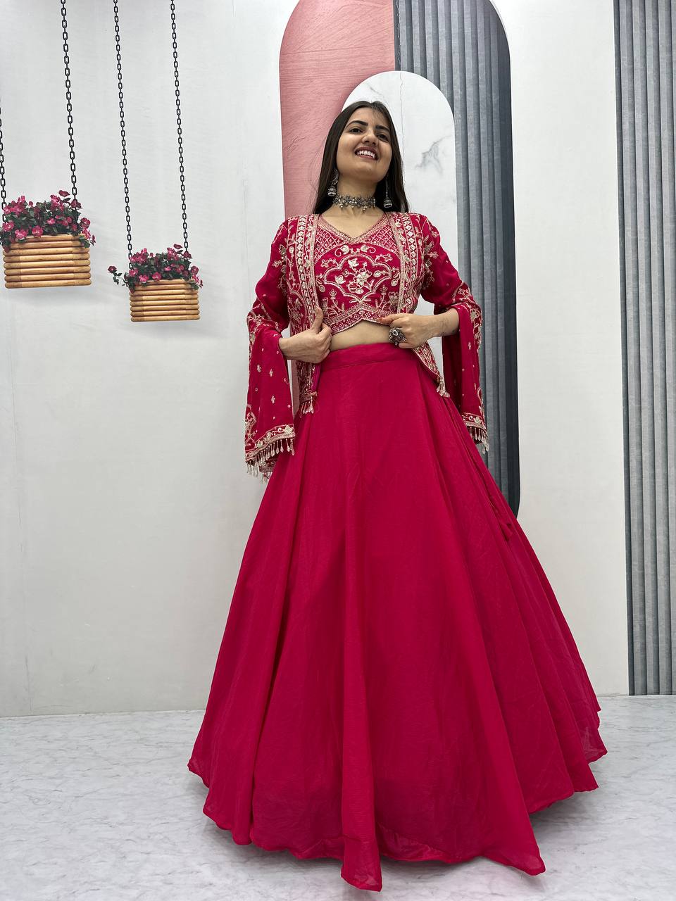 Trendy Indo Western Lehenga Outfit with Sequence Work Shrug - Fully Stitched