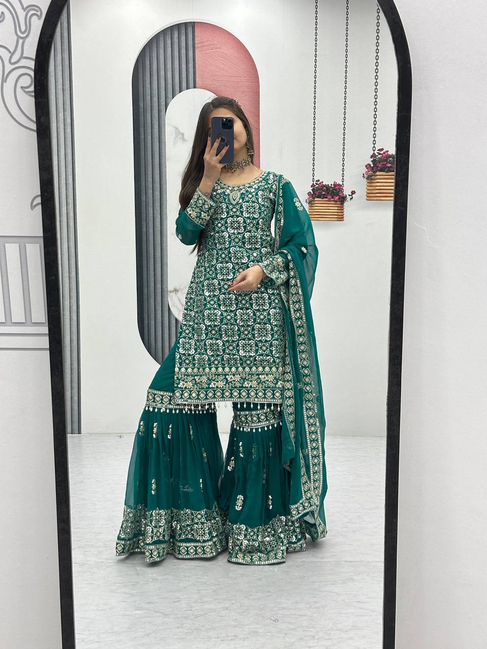 Designer Party Wear Embroidered Sharara Suit Set with Dupatta - Fully Stitched
