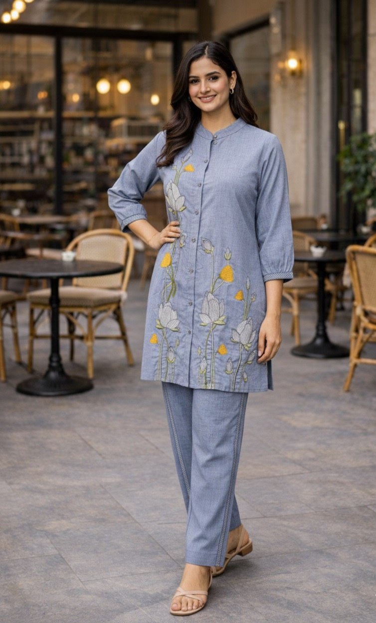 Women's Pure Cotton Embroidered Co-Ord Set with Collar Neck Top and Pant - Fully Stitched