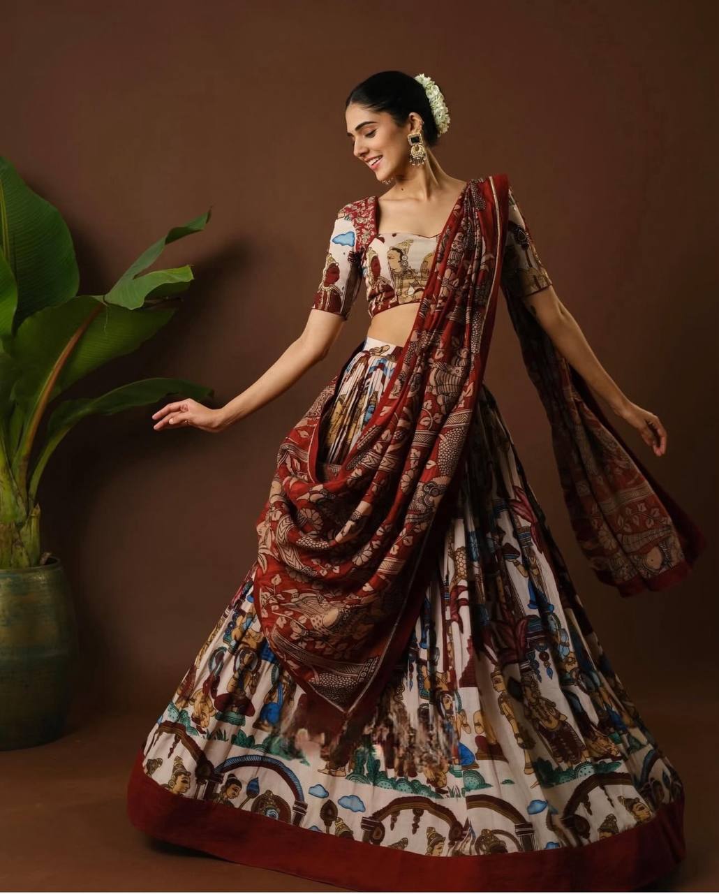 Traditional Kalamkari Print Cotton Lehenga Choli with Dupatta - Fully Stitched