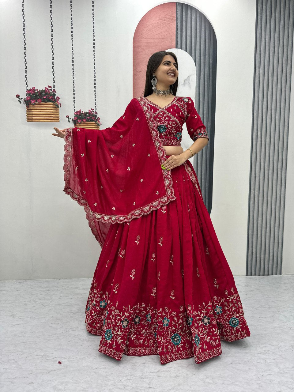 New Festival Pure Blooming Vichitra Silk Lehenga Choli with Heavy Embroidery Work - Fully Stitched