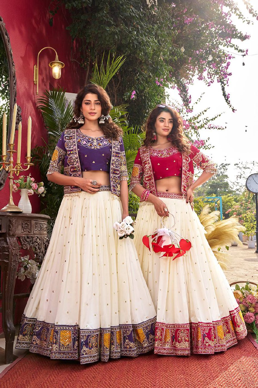 Festival Collection Pure Vichitra Lehenga Choli with Embroidered Koti - Fully Stitched