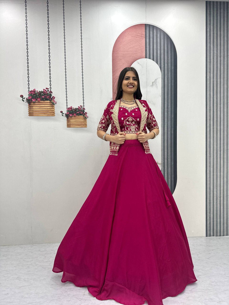 Festival Special Vichitra Silk Crop Top Lehenga with Embroidered Jacket - Fully Stitched
