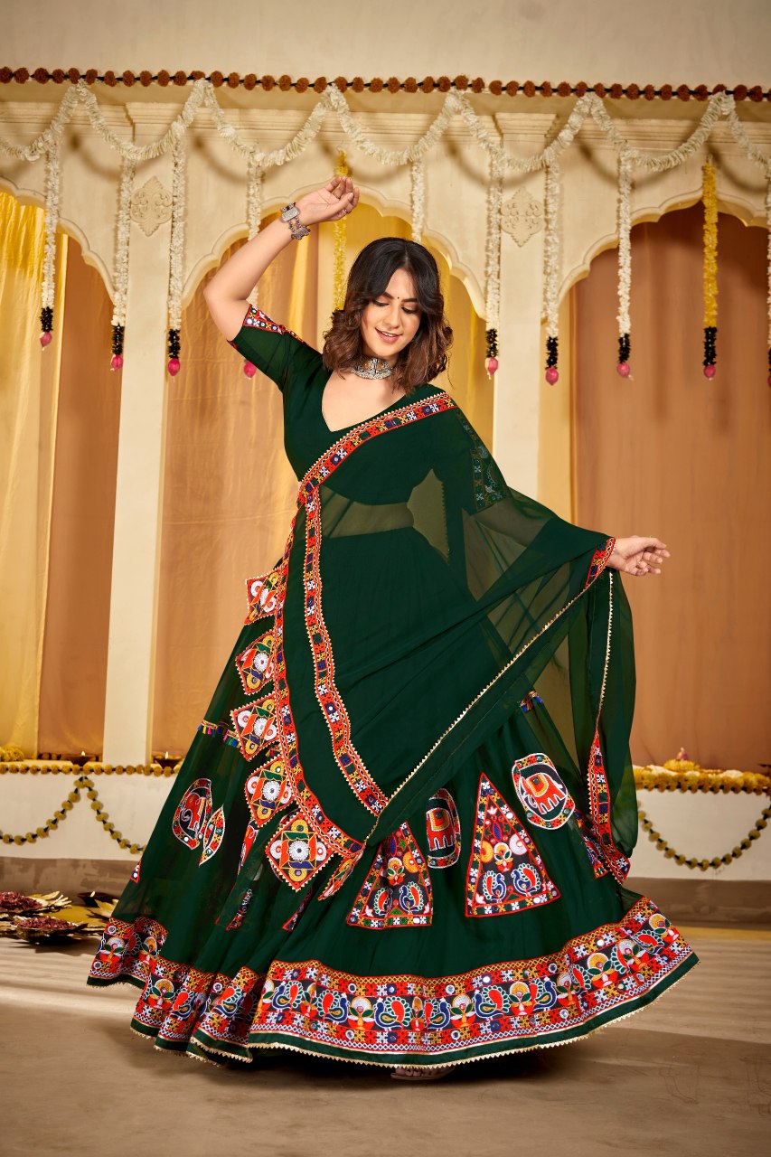 Navratri Special Green Georgette Chaniya Choli with Traditional Kutchi Mirror Work