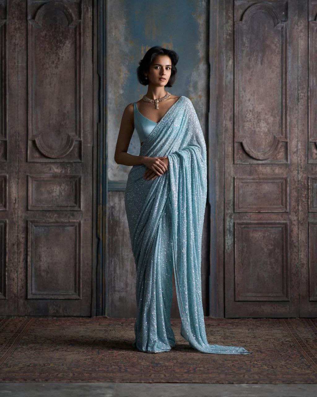 Bollywood Alia Bhatt Inspired Faux Georgette Sequins Embroidered Designer Saree