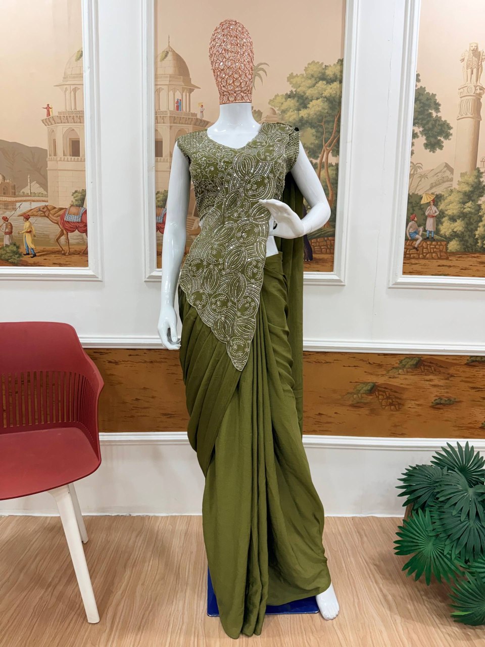 Superhit Trending Chinon Ready to Wear Saree with Fully Embroidered Stylish Blouse - Fully Stitched