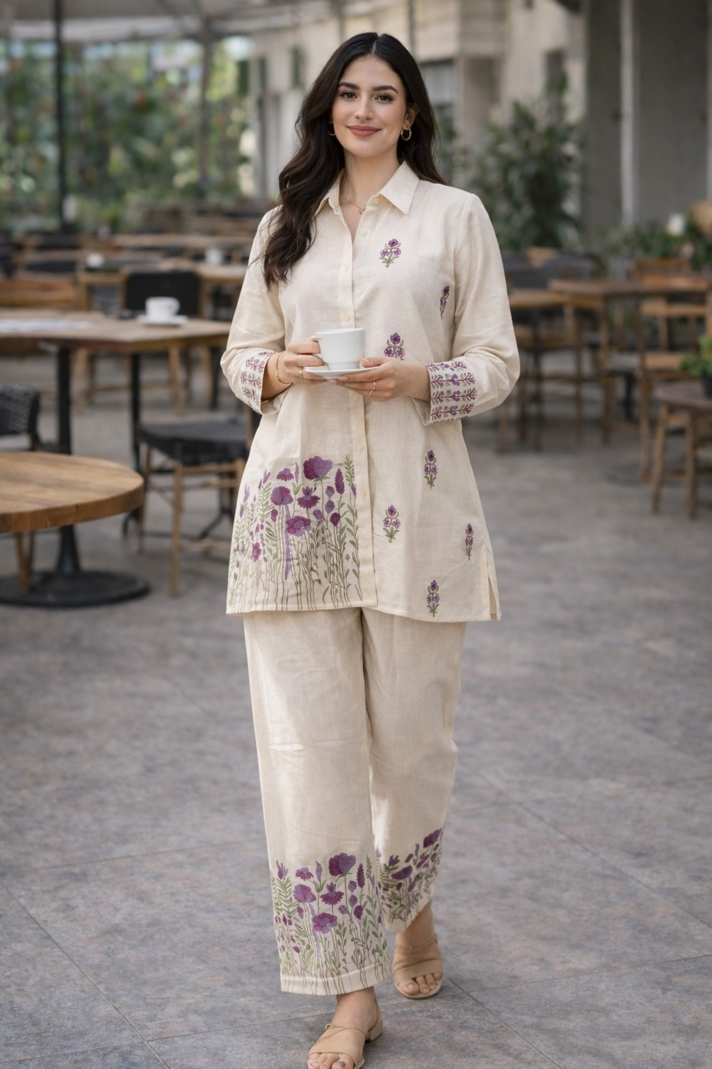 Women's Pure Cotton White Embroidered Co-Ord Set with Shirt Collar Top and Pant - Fully Stitched