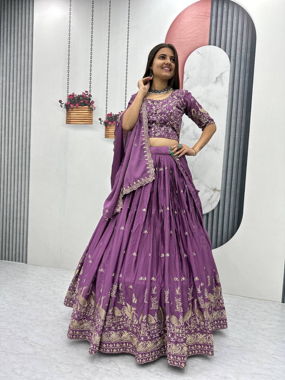 Launching New Festival Chinon Lehenga Choli with Embroidered Dupatta - Fully Stitched