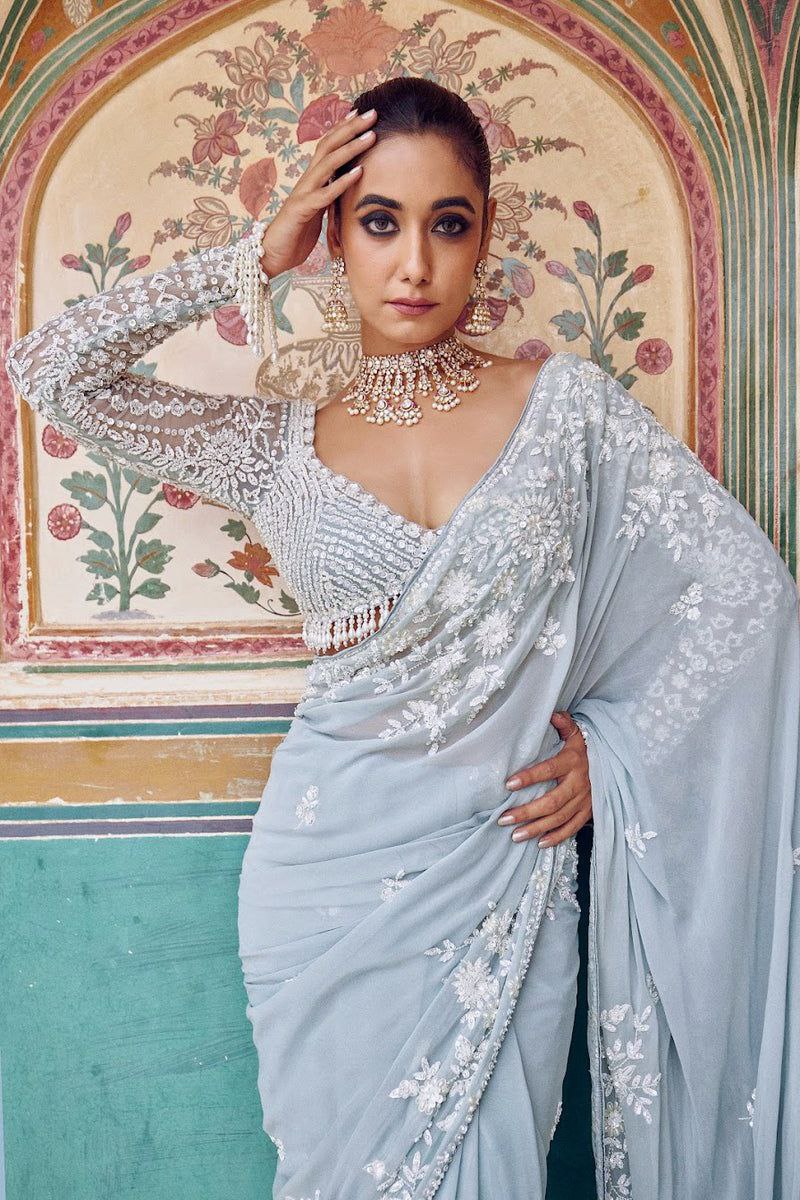 Trending Bollywood Blockbuster Faux Georgette Sequins Embroidered Designer Saree