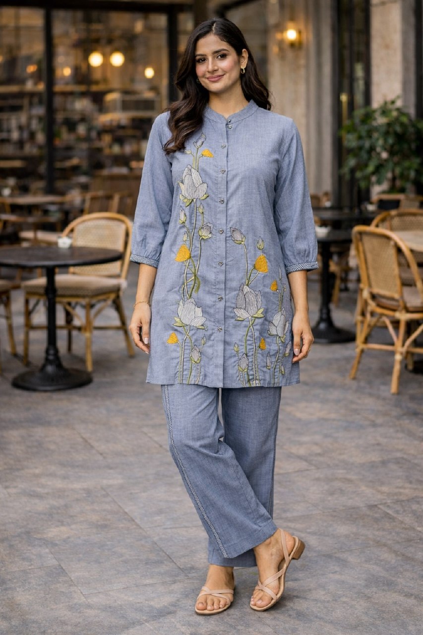 Women's Pure Cotton Embroidered Co-Ord Set with Collar Neck Top and Pant - Fully Stitched