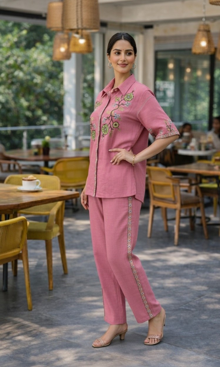 Women's Cotton Embroidered Co-Ord Set with Shirt Collar Top and Pant - Fully Stitched