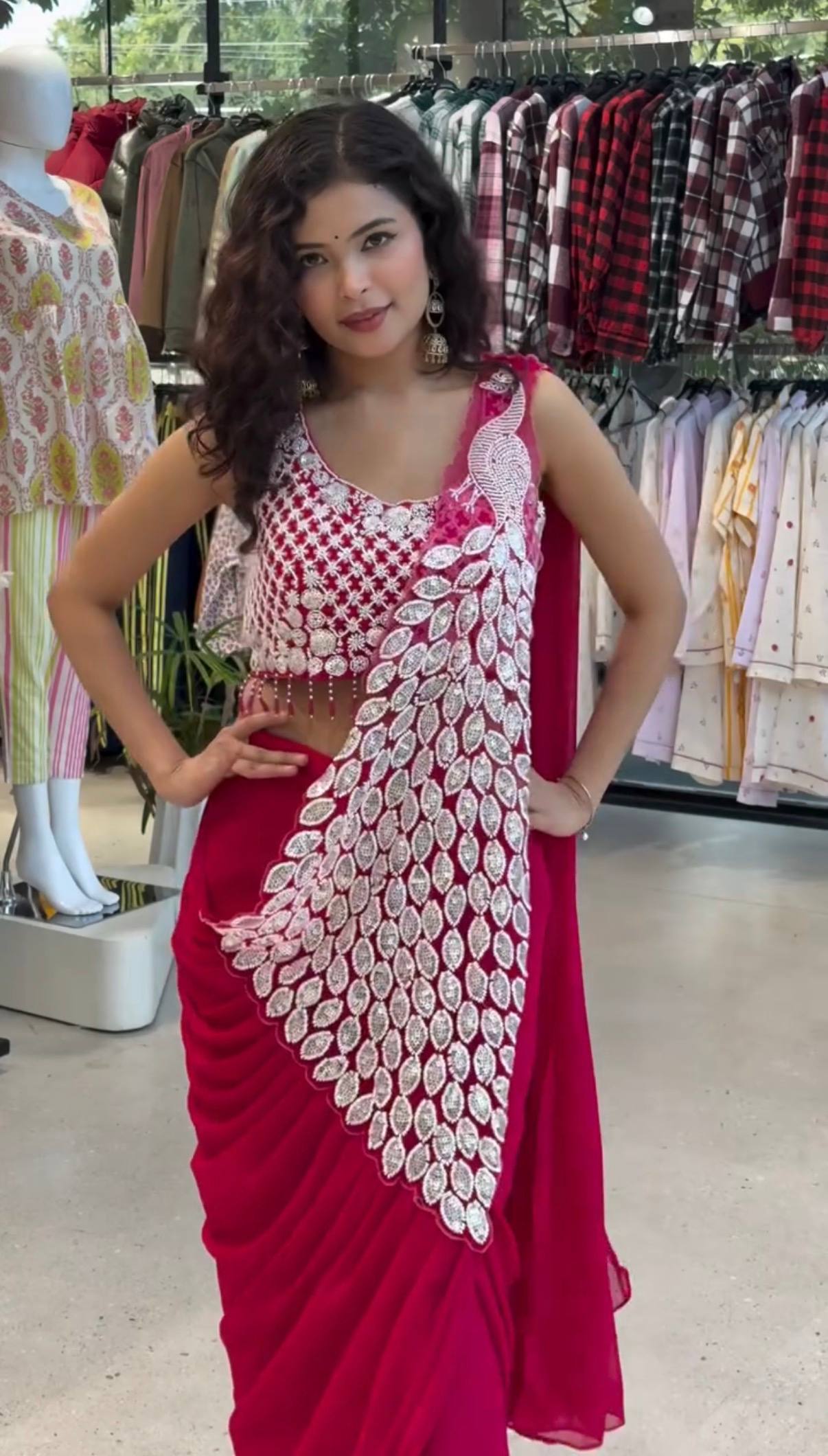 New Superhit Trending Faux Georgette Ready to Wear Saree with Fully Embroidered Stylish Blouse - Fully Stitched