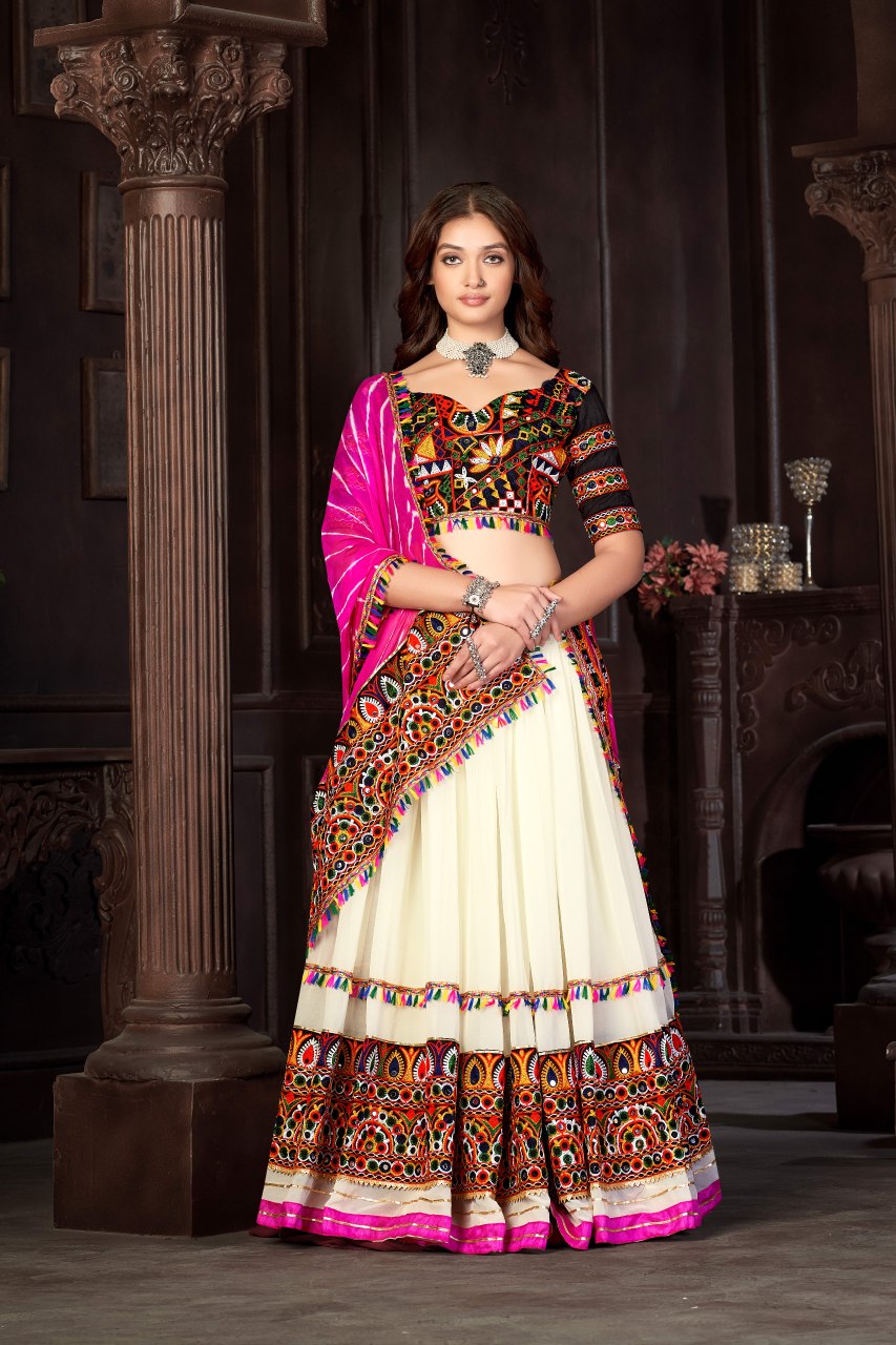 Navratri Special Off-White Georgette Chaniya Choli with Traditional Kutchi Mirror Work