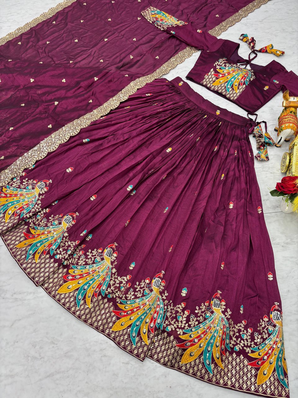 Festival Collection Vichitra Lehenga Choli with Heavy Embroidery and 3MM Sequence Work  - Fully Stitched (