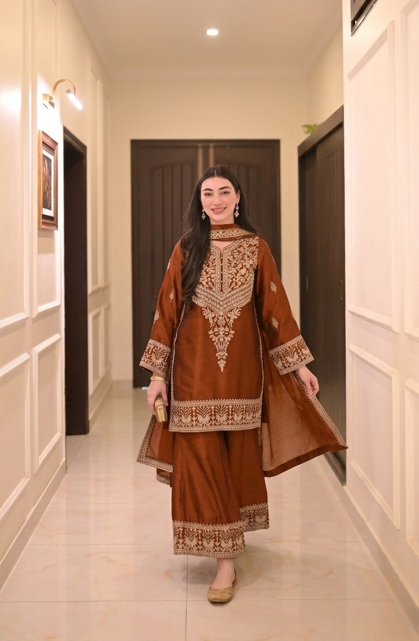 Stylish Vichitra Silk Embroidered Kurta Palazzo Set with Dupatta for Party Wear - Fully Stitched