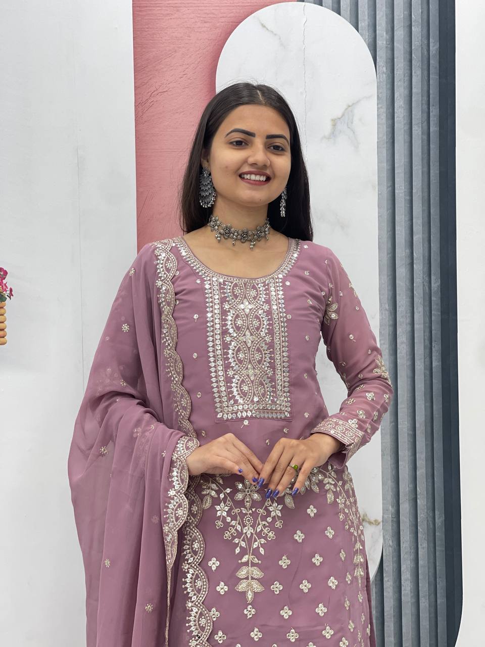 Designer Party Wear Embroidered Palazzo Suit Set with Dupatta - Fully Stitched
