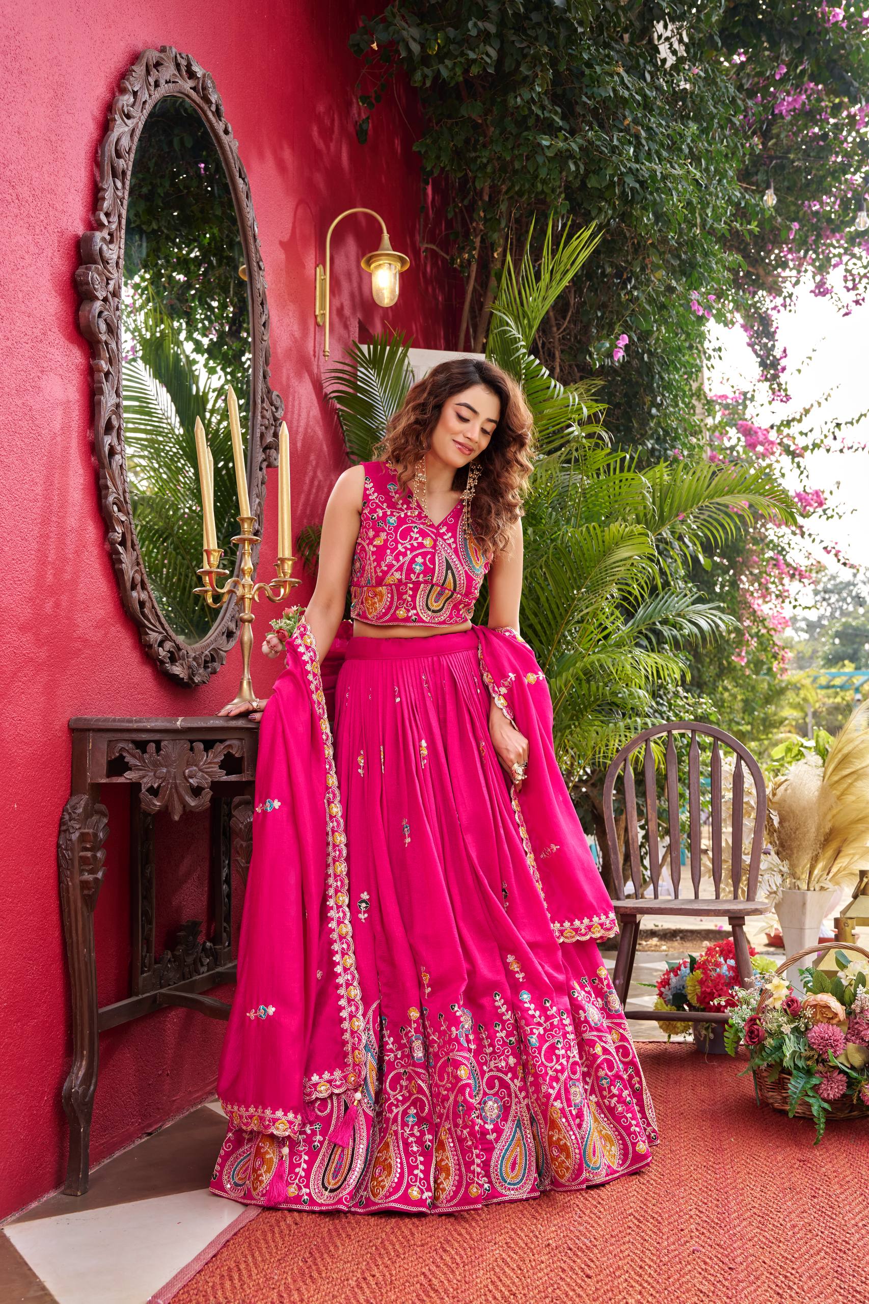 Wedding Collection Vichitra Lehenga Choli with Heavy Cording Embroidery Work - Fully Stitched